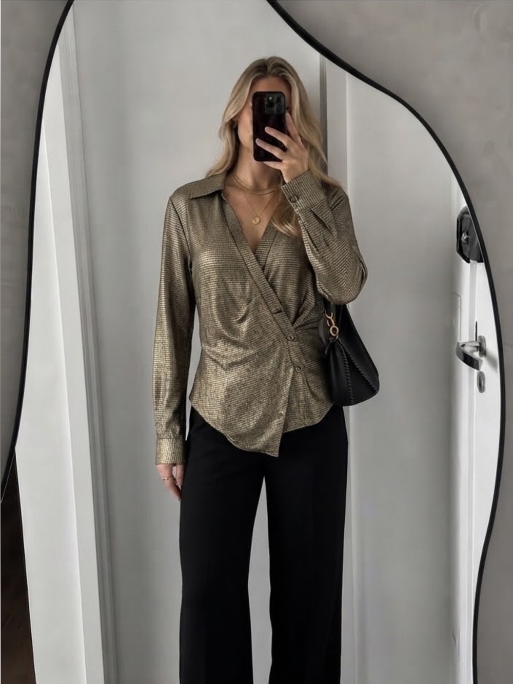 Zara Silver/Gold Metallic Wrap Blouse Draped Tie Waist Party Top M